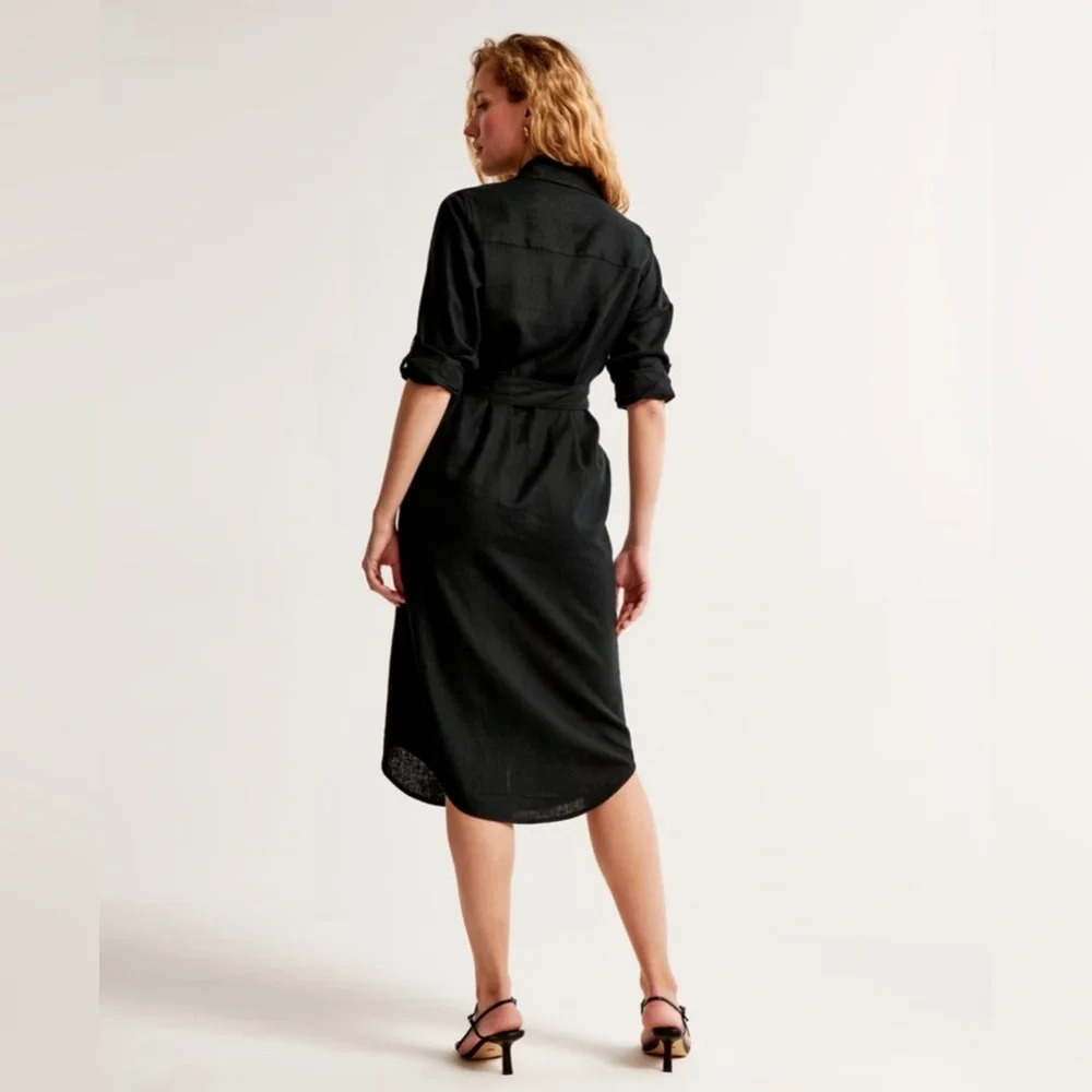 NWT Abercrombie & Fitch Linen-Blend Midi Shirt Dress in Black Size Medium Petite - Picture 5 of 9